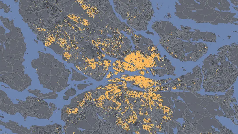 Kartbild över Stockholm med gula punkter som visar Stokabs accesspunkter
